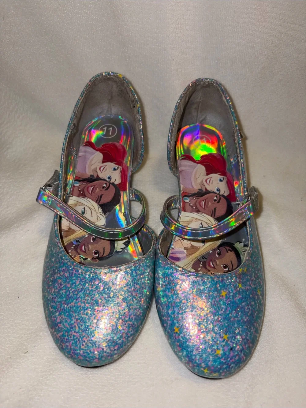Disney Girls Blue/Silver Glitter Disney Princess Mary Jane Buckle Strap US 11